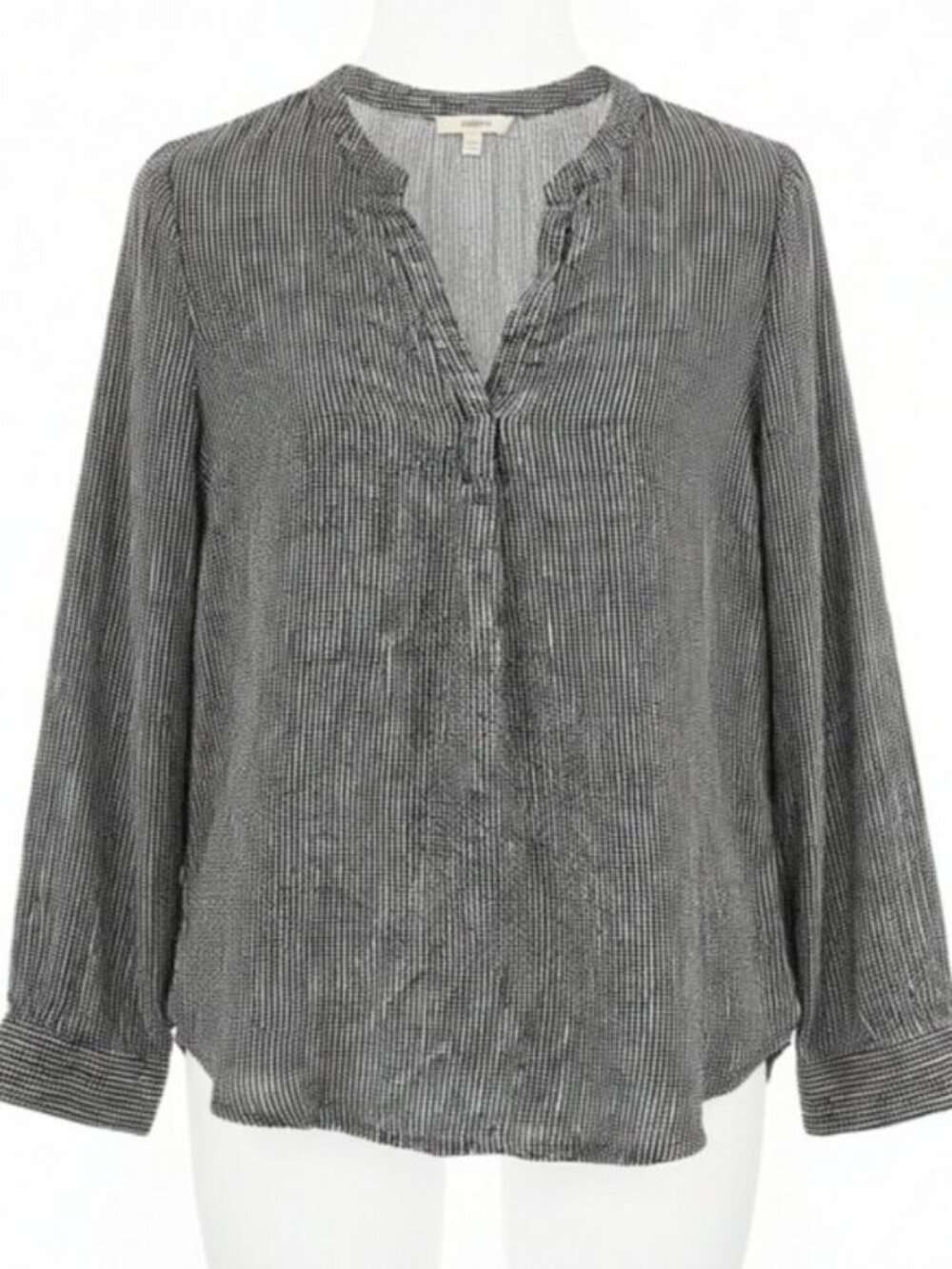 Joie SZ XS Black White  V-Neck Long Sleeve 100% Silk Blouse Mandarin Collar